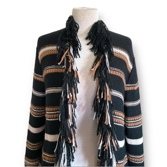 Johnny Was Ada Cardigan Sz M Black Brown Stripe Alpaca Wool Fringe Boho Sweater - Picture 6 of 11